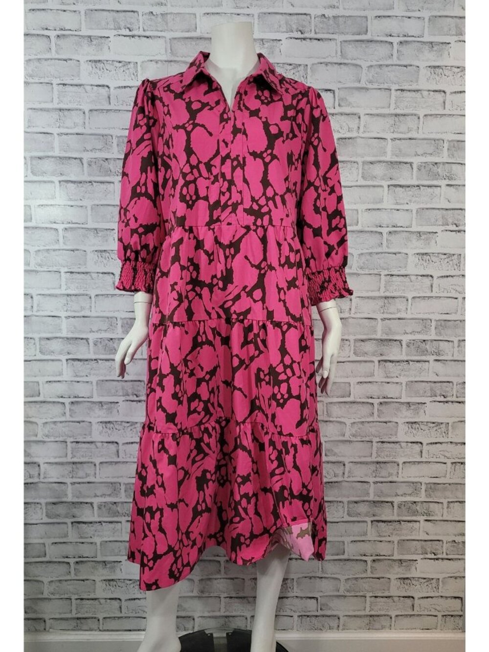 Michelle McDowell Collared Pink Olive Brown Tiered Midi Dress Pockets Size 1X
